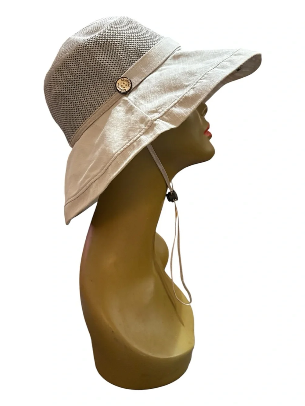 Floral Print Wide-Brim Sun Hat — Beige & Cream with Tie Strap - Picture 3 of 6